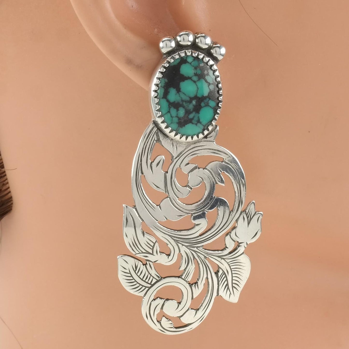 Sterling Silver Blue Turquoise Floral, Leaf Earrings Stud