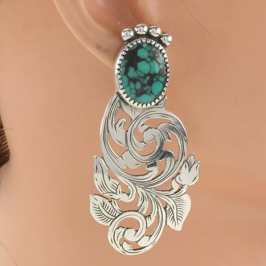 Sterling Silver Blue Turquoise Floral, Leaf Earrings Stud