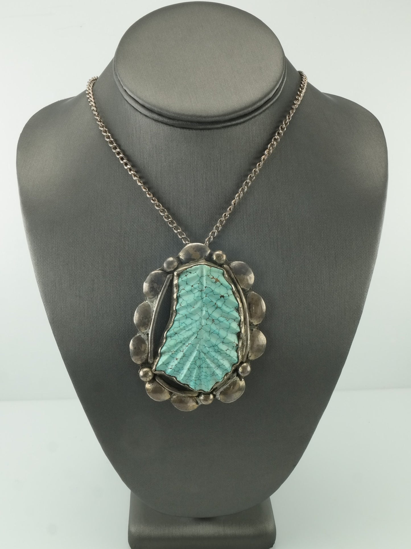 Vintage Native American Sterling Silver Blue Spiderweb Carved Turquoise Leaf Necklace