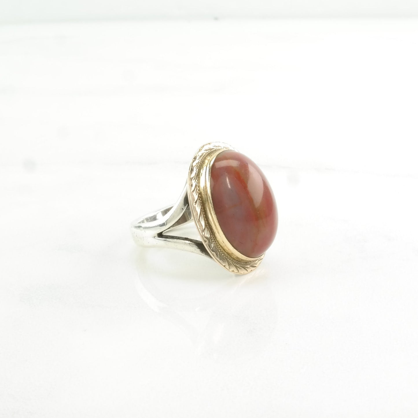 Vintage Sterling Silver Ring Agate Gold Toned Accents Red Size 7