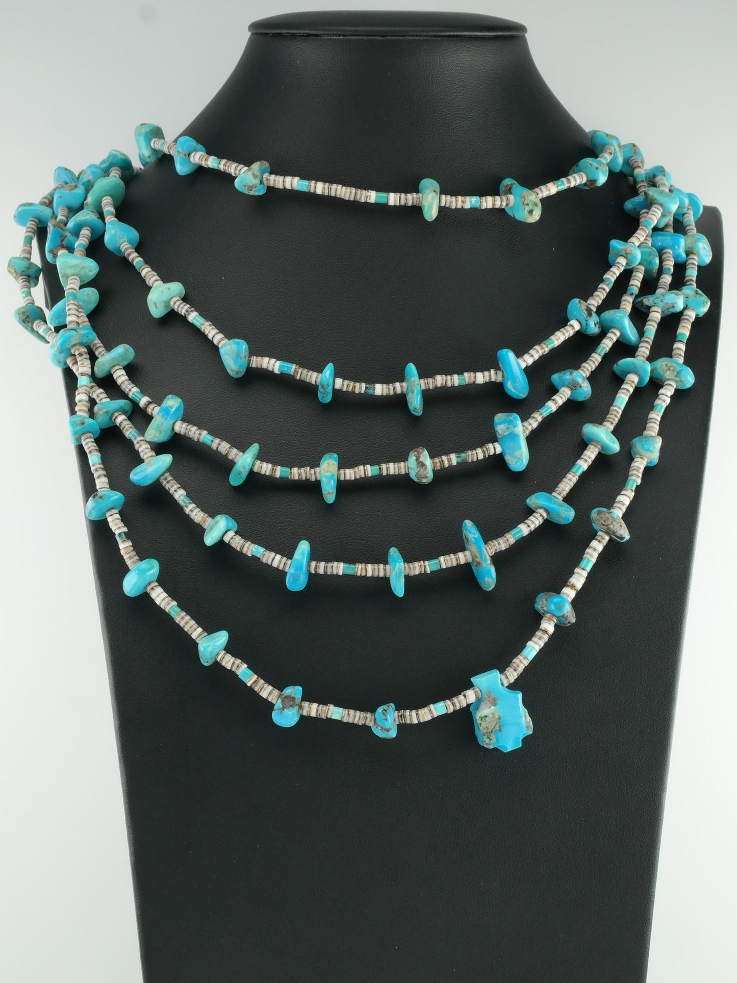 Native American Turquoise 5 strand Heishi Necklace Santo Domingo Sterling Silver