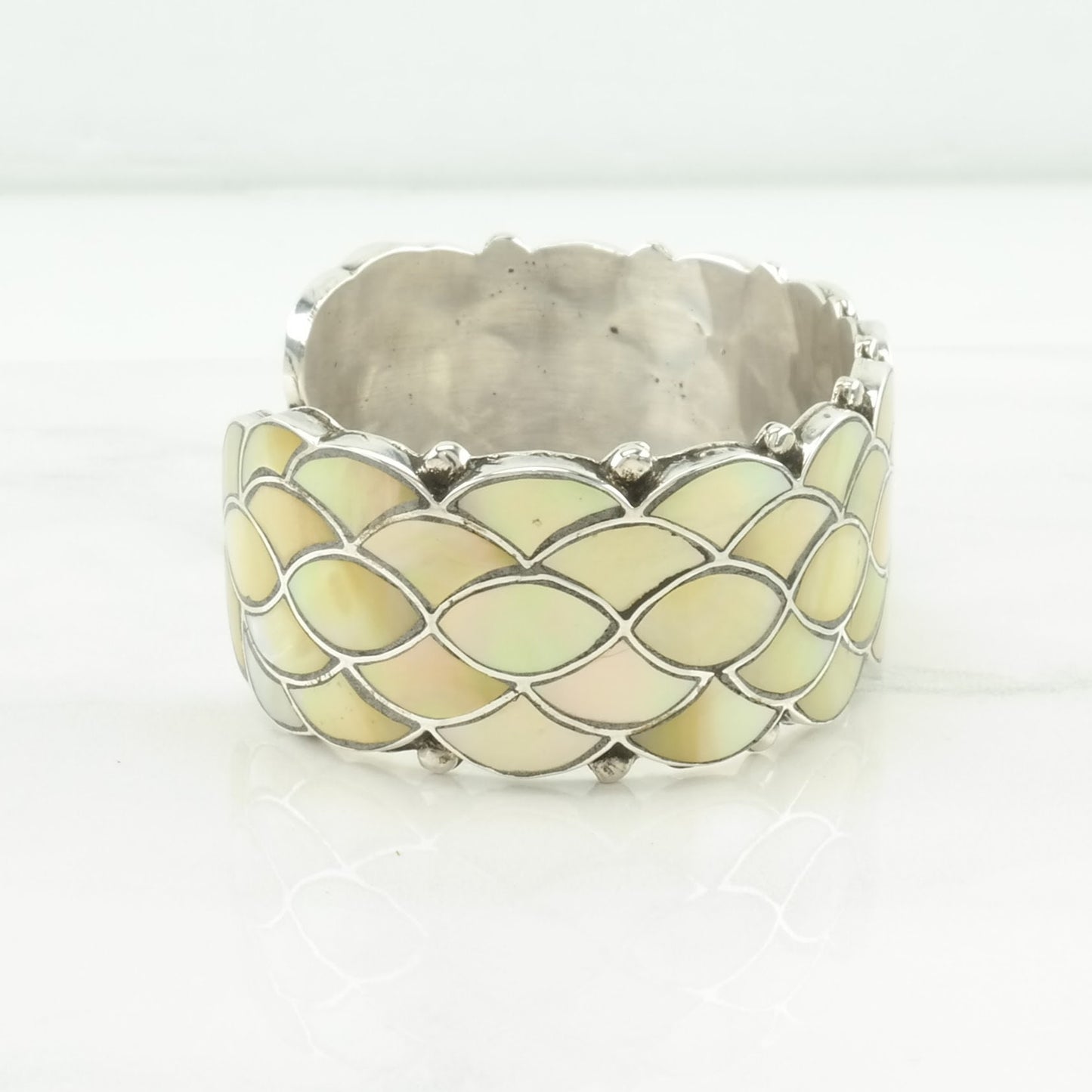 Zuni Sterling Silver Cuff Bracelet MOP Inlay, Fishscale