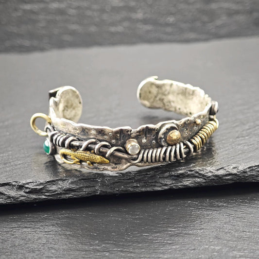 Brutalist Alligator, Moonstone, Onyx 14K Gold Accents Cuff Bracelet Sterling Silver