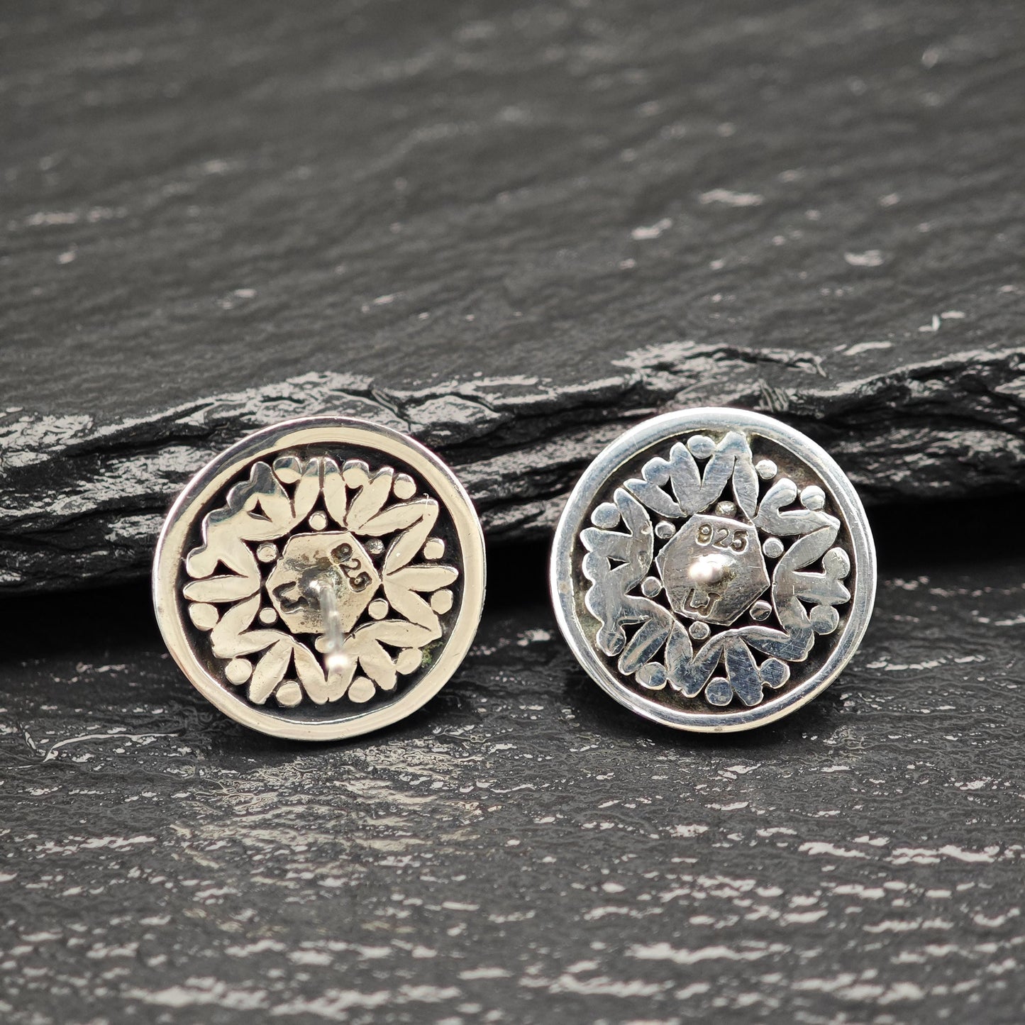 Vintage Overlay Floral Stud Earrings Sterling Silver