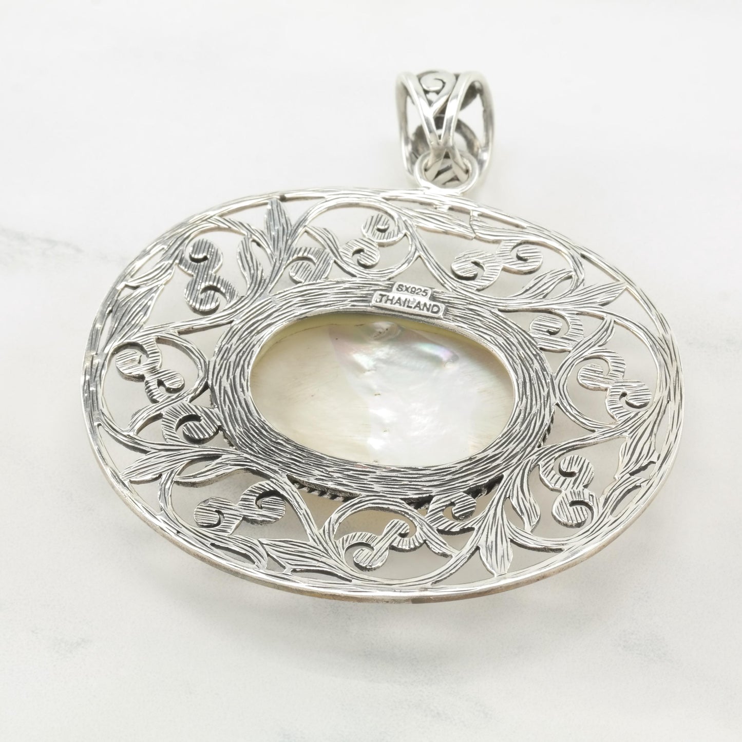 Vintage Large Thai Filigree Silver Pendant MOP Sterling