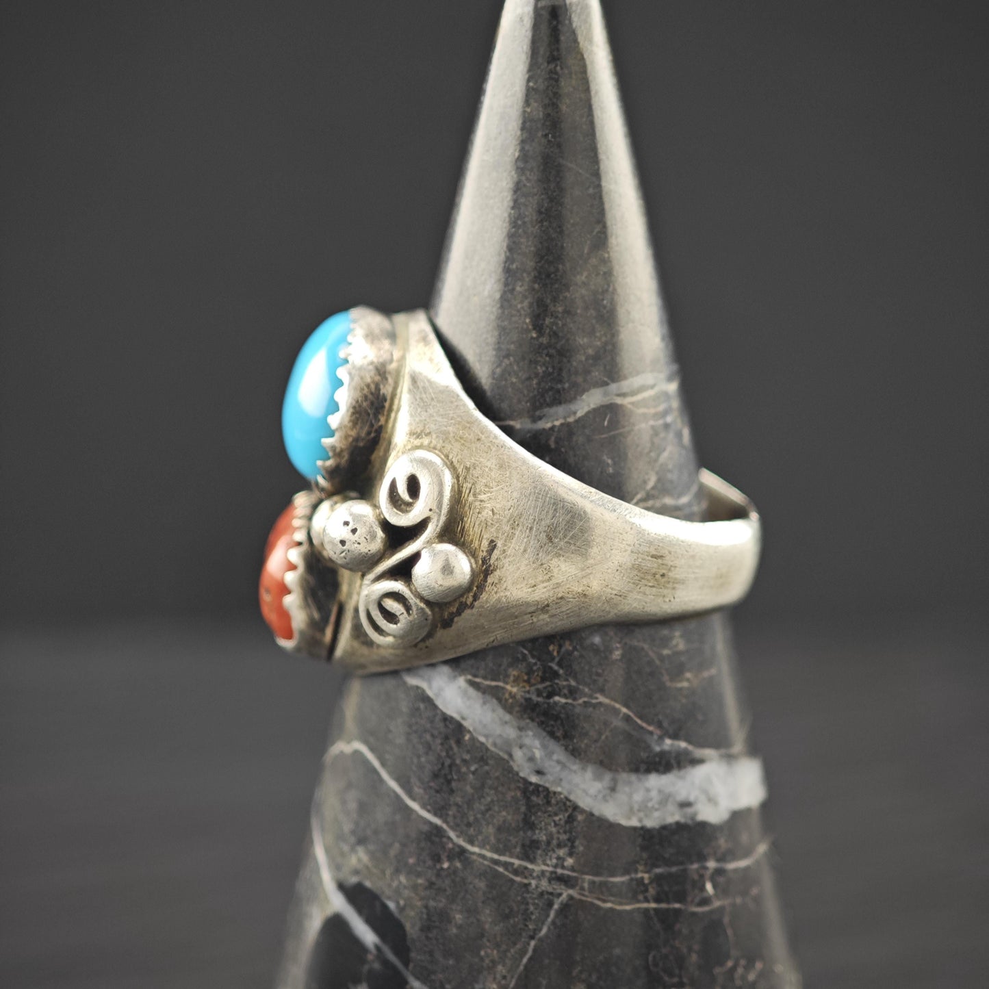 Native American Turquoise, Coral Ring Sterling Silver Size 8 1/2