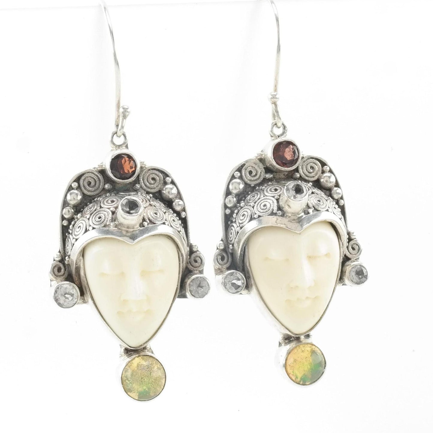 Vintage Carved Face Sterling Silver Fish Hook Earrings Opal