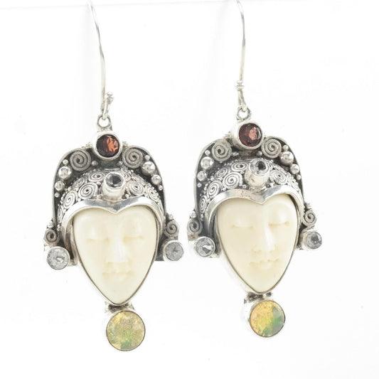 Vintage Carved Face Sterling Silver Fish Hook Earrings Opal