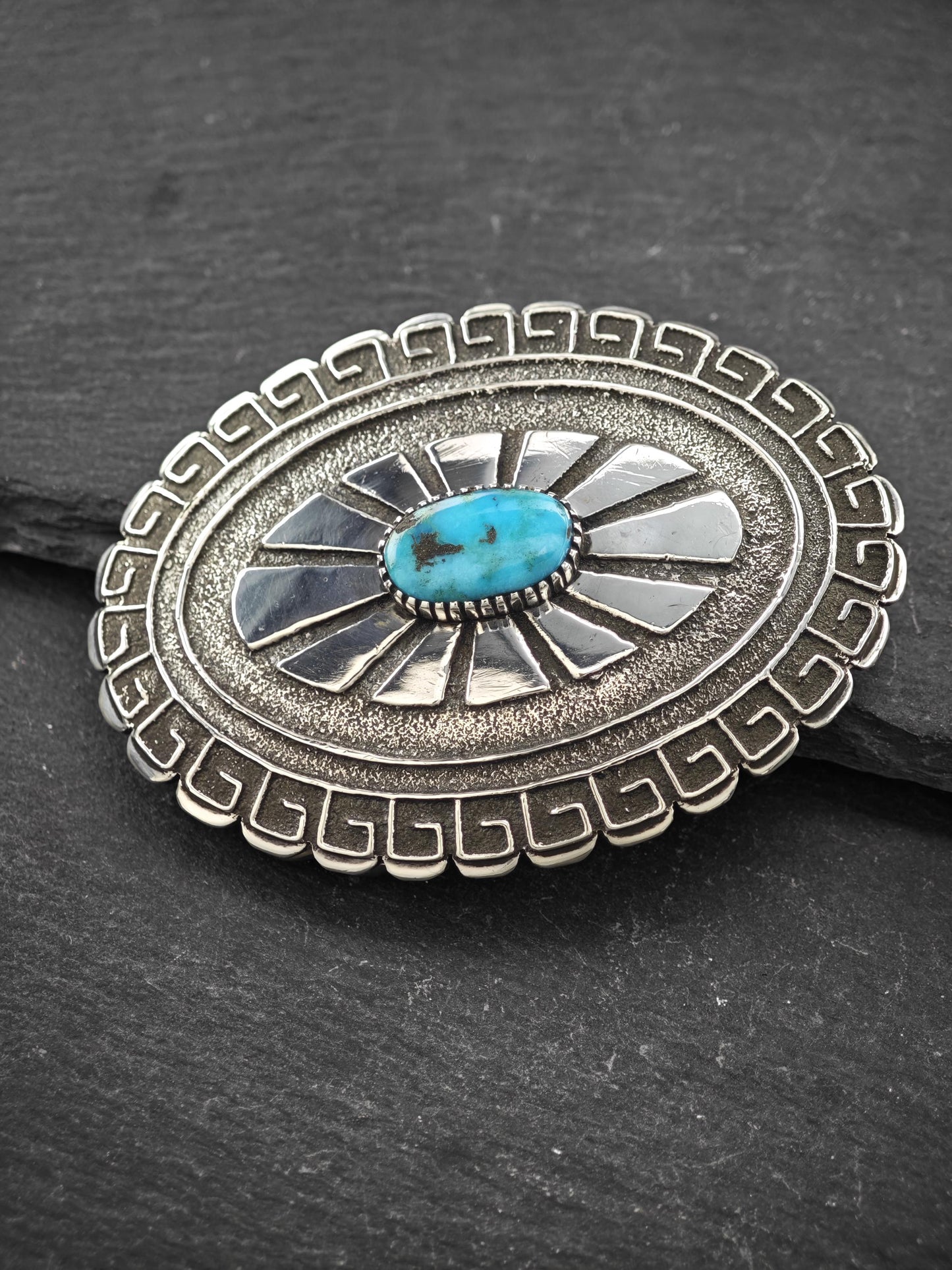 Signed Native American, Tufa Cast Belt Buckle Sterling Silver