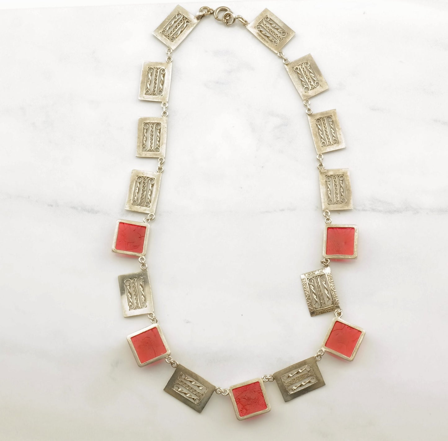 Vintage Modernist Sterling Silver Carved Glass Filigree Necklace