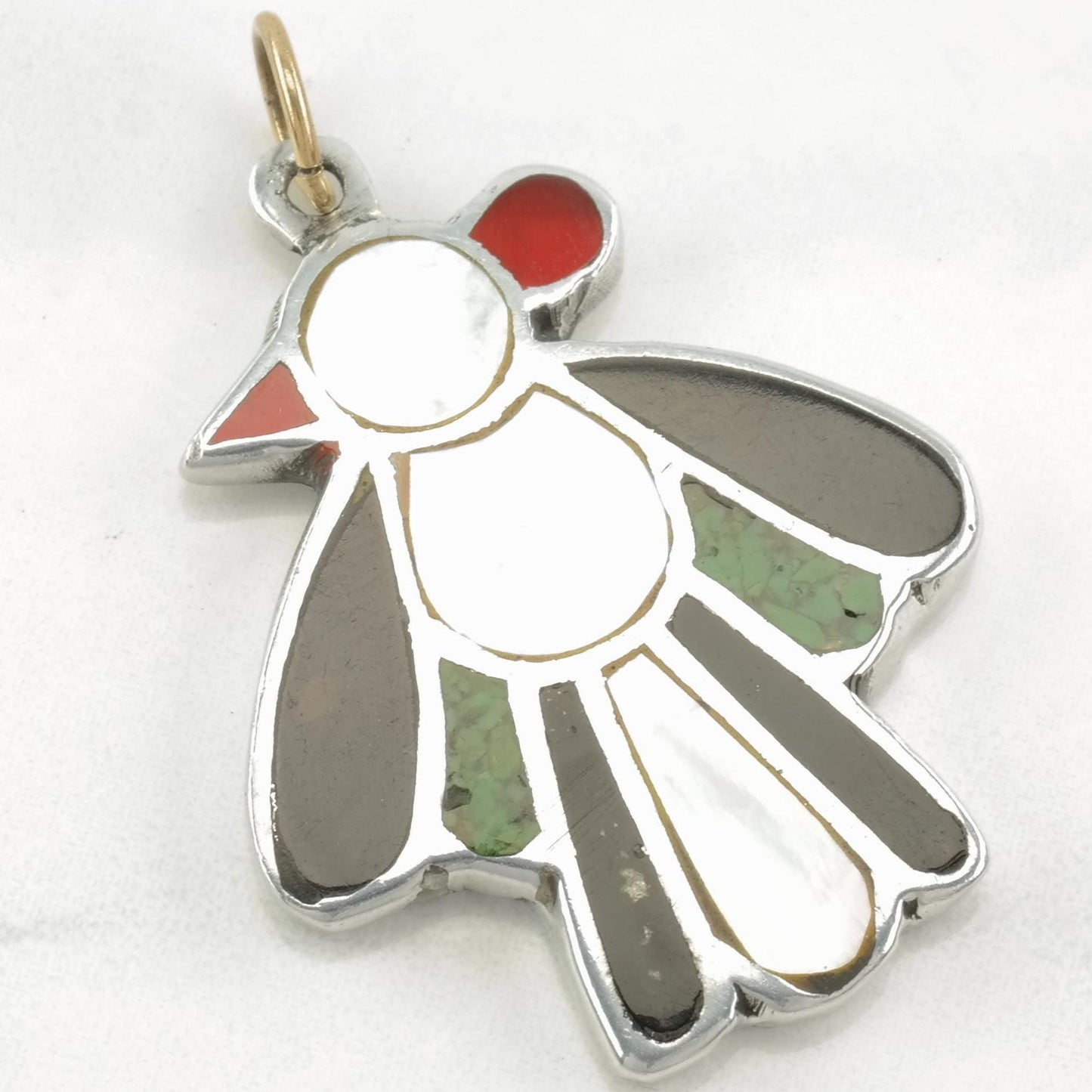 Vintage Native American Multi Gem Inlay Bird Sterling Silver Pendant