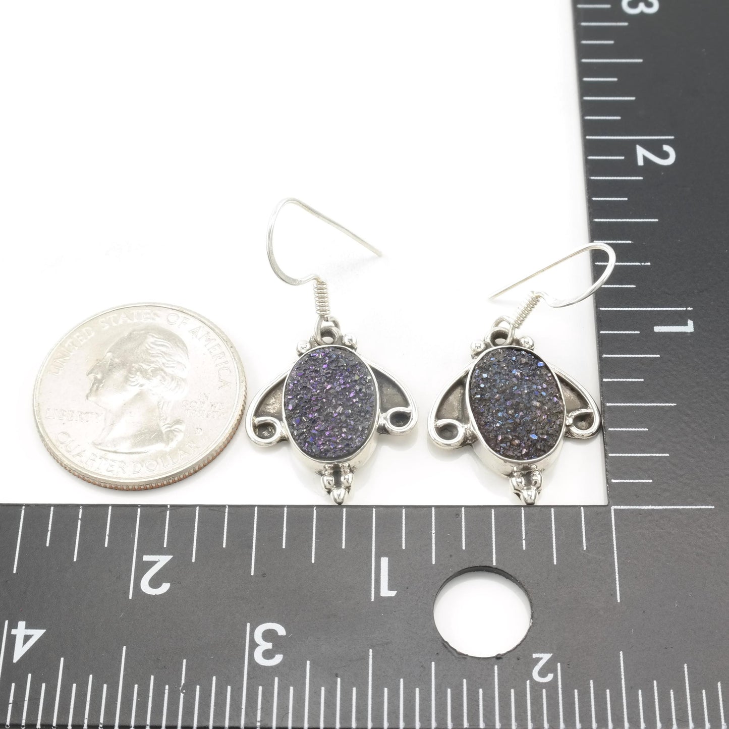 Vintage Druzy Sterling Silver Earrings Fish Hook Dangle