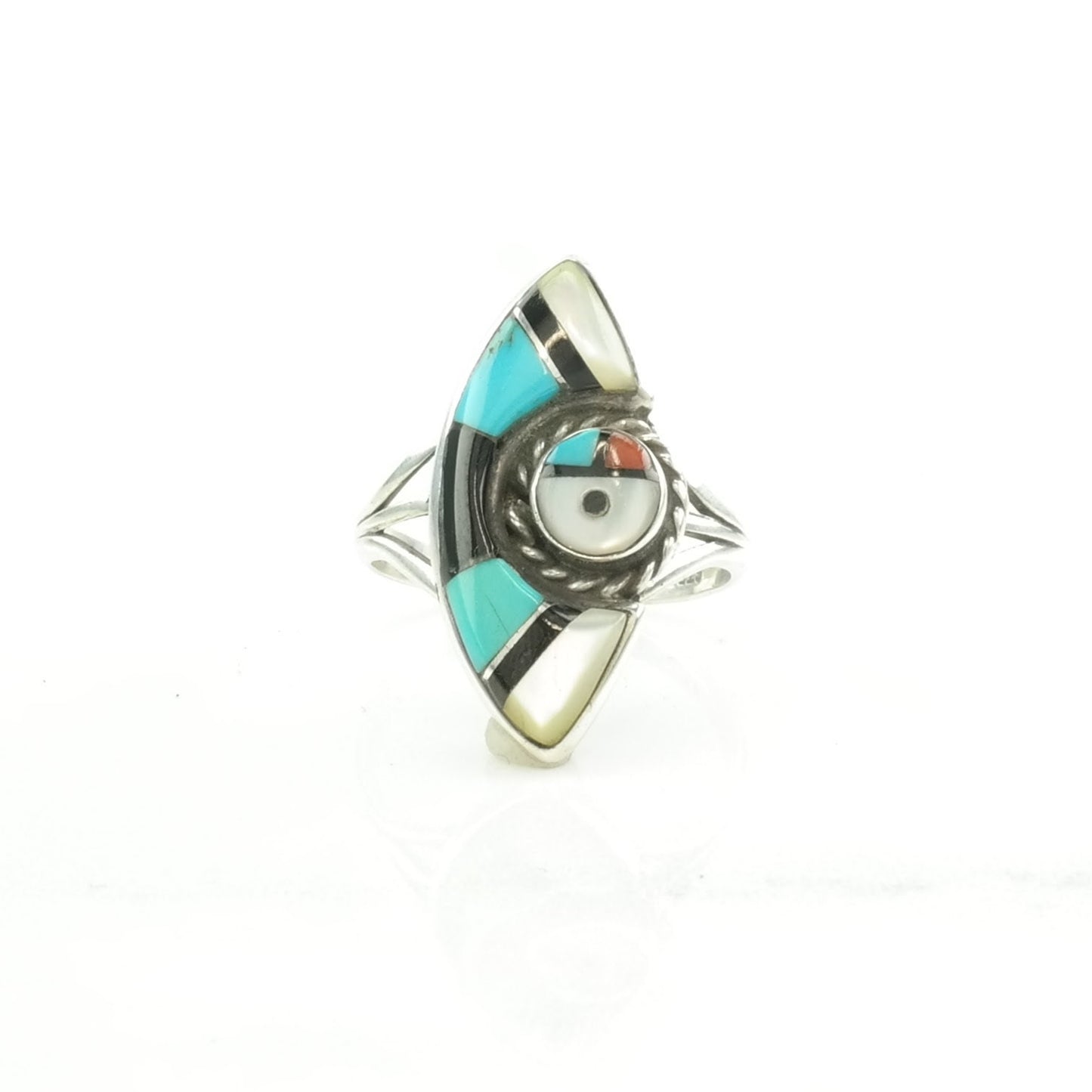 Vintage Zuni Silver Ring Turquoise, Onyx, MOP Inlay Sterling Size 7 1/2