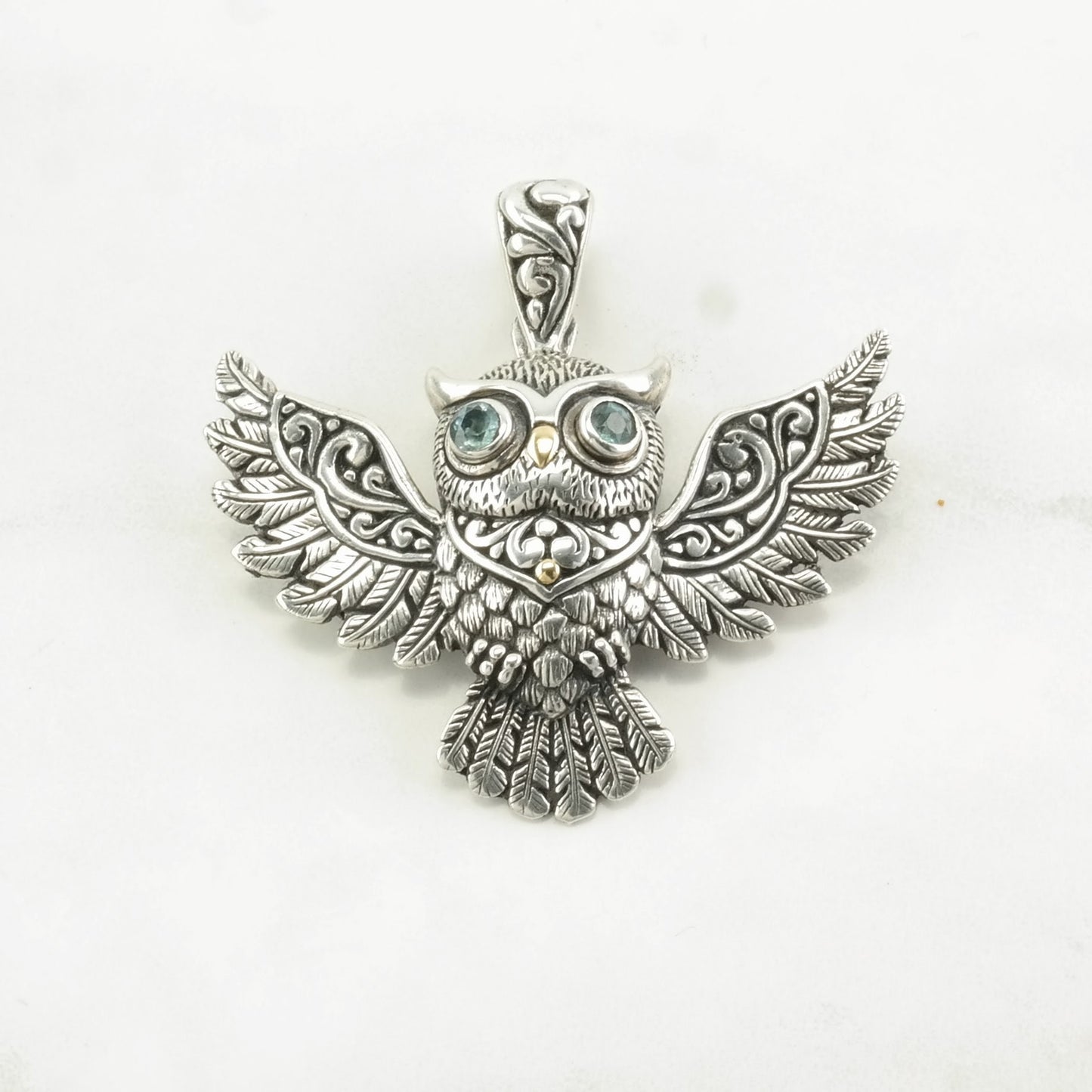 18K Gold Accents, Blue Topaz Owl Sterling Silver Pendant P2440