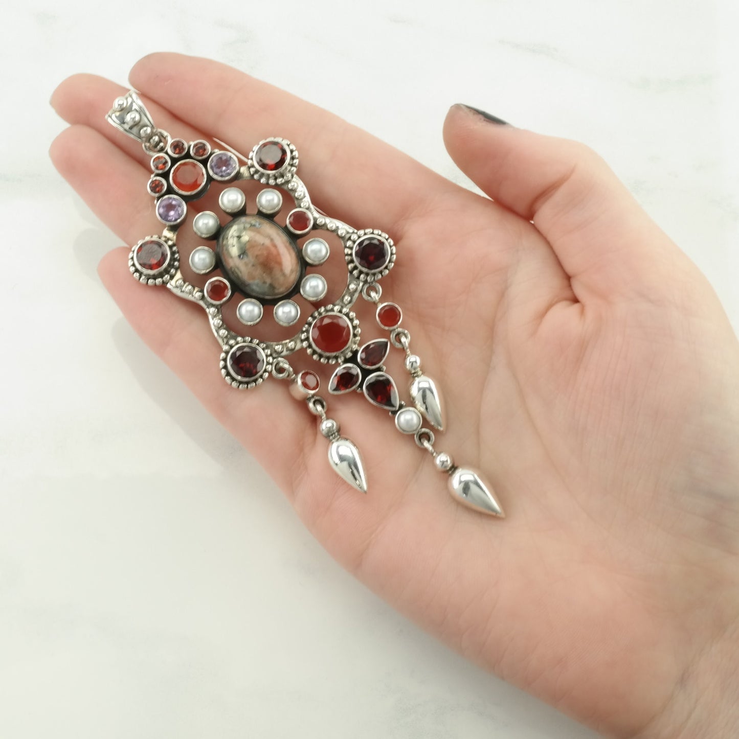 Vintage Nicky Butler Rhodonite, Garnet, Carnelian Large, Cluster Sterling Silver Pendant