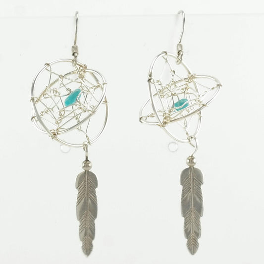 Southwest Sterling Silver Turquoise Dreamcatcher, Feather Earrings Fish hook