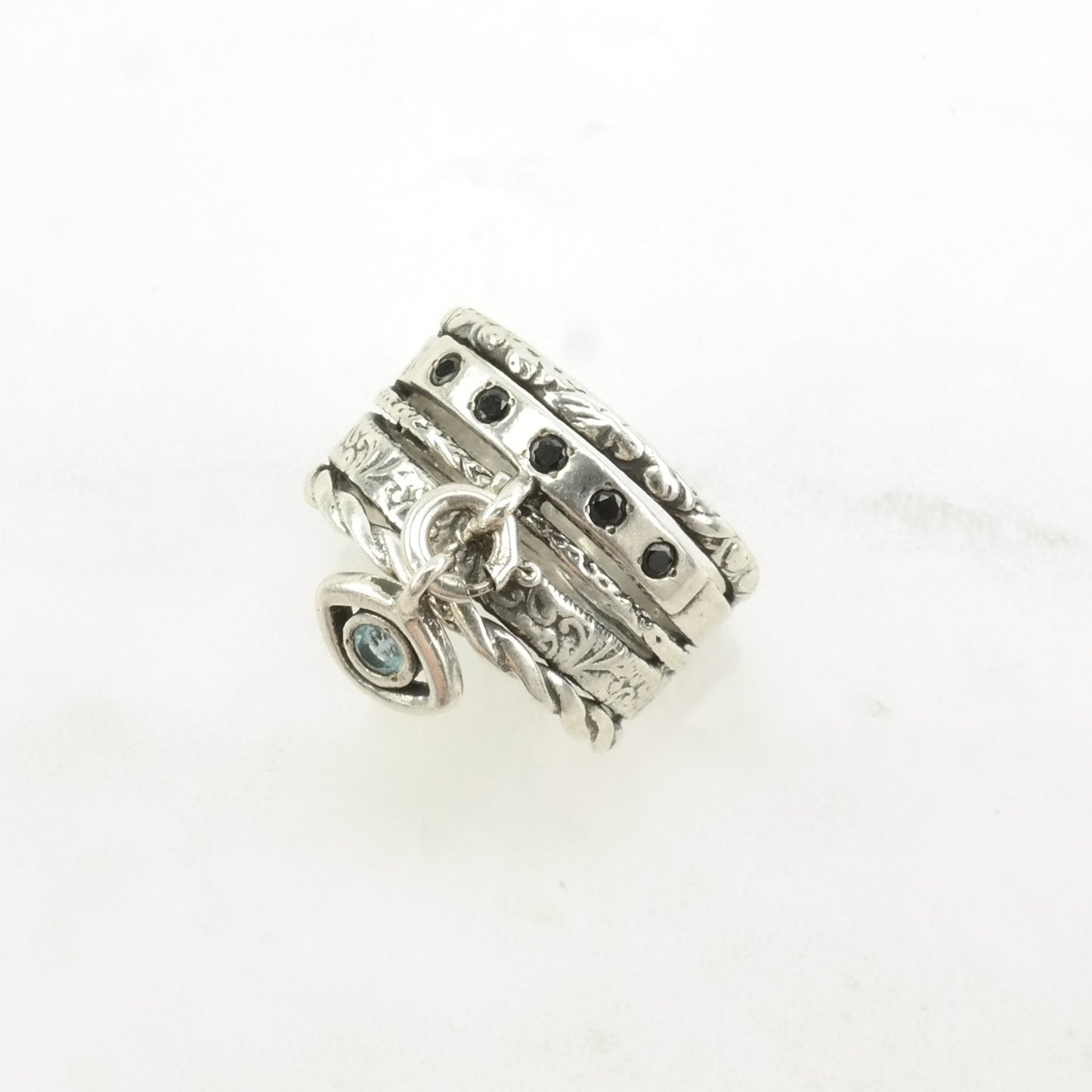 Vintage Israel Silver Ring Topaz, Evil Eye Removeable Hanging Charm Sterling Blue Size 9 1/4