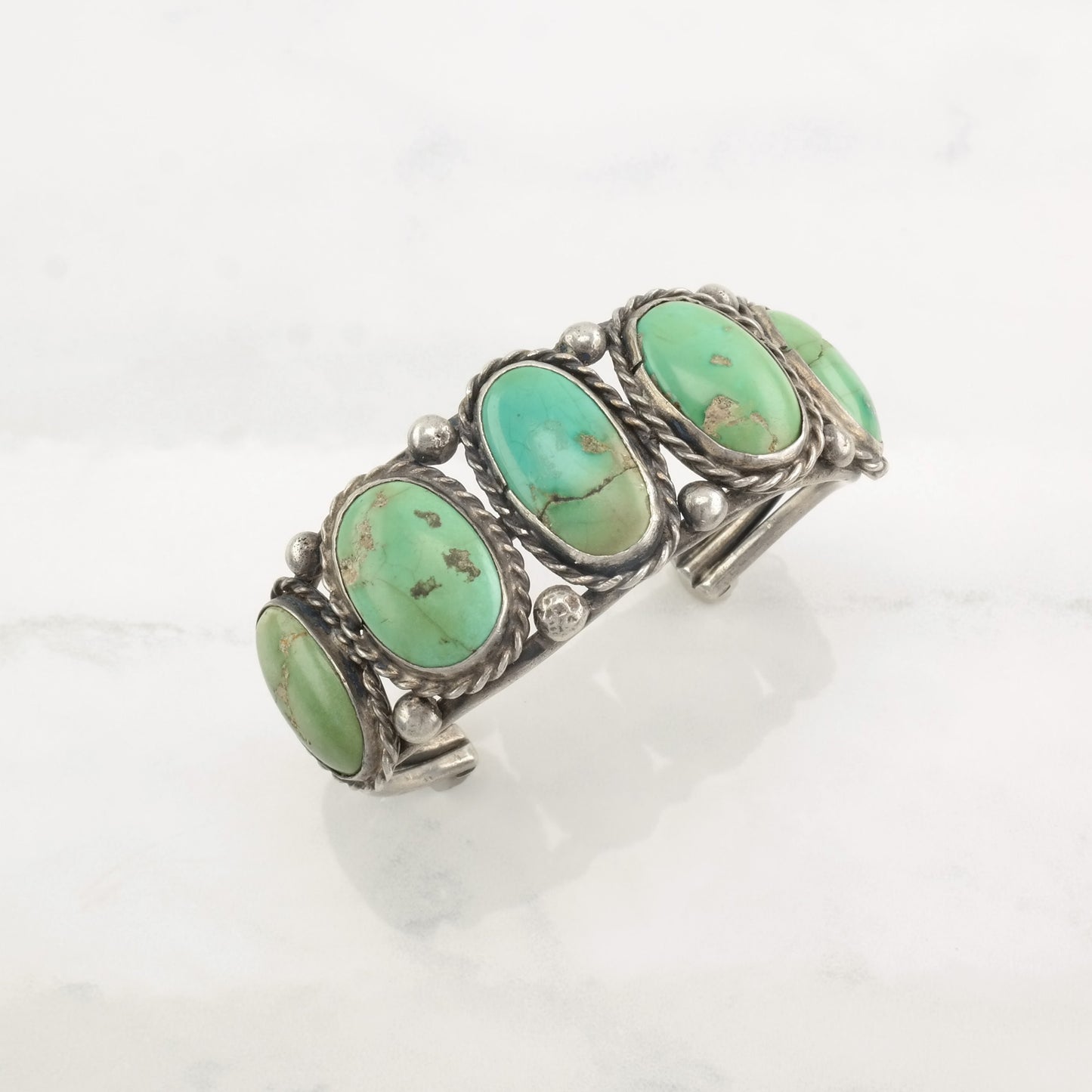 Early, Native American Sterling Silver Cuff Bracelet Cerillos, Turquoise 5 Stone