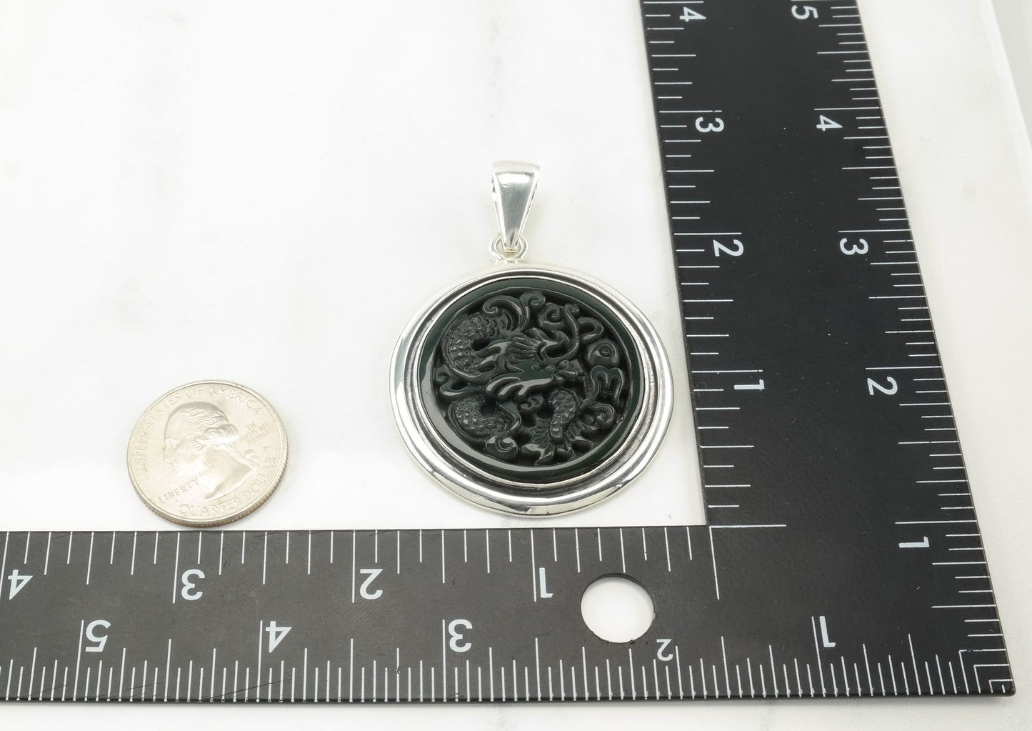 Vintage Carved Gemstone Dragon Sterling Silver Dark Green Pendant