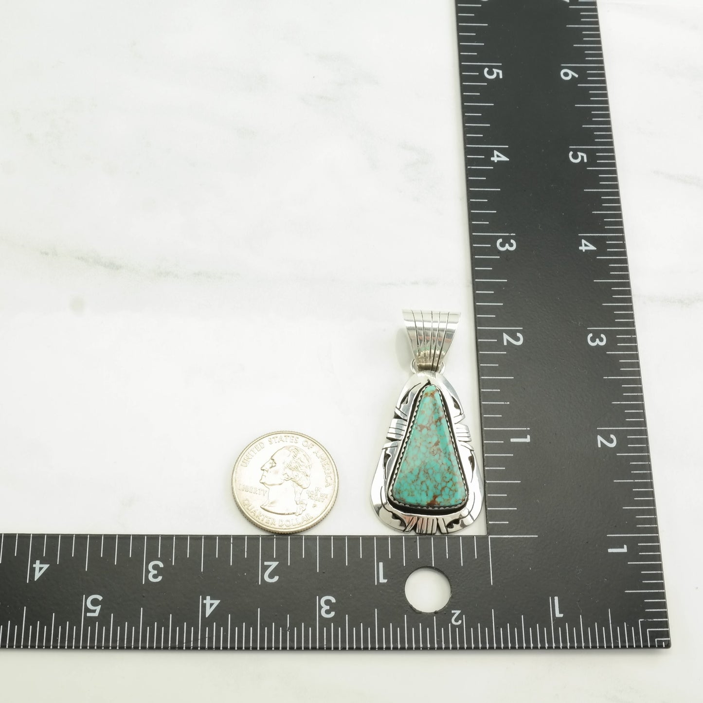 Vintage Native American Spiderweb Turquoise Triangle Sterling Silver Pendant