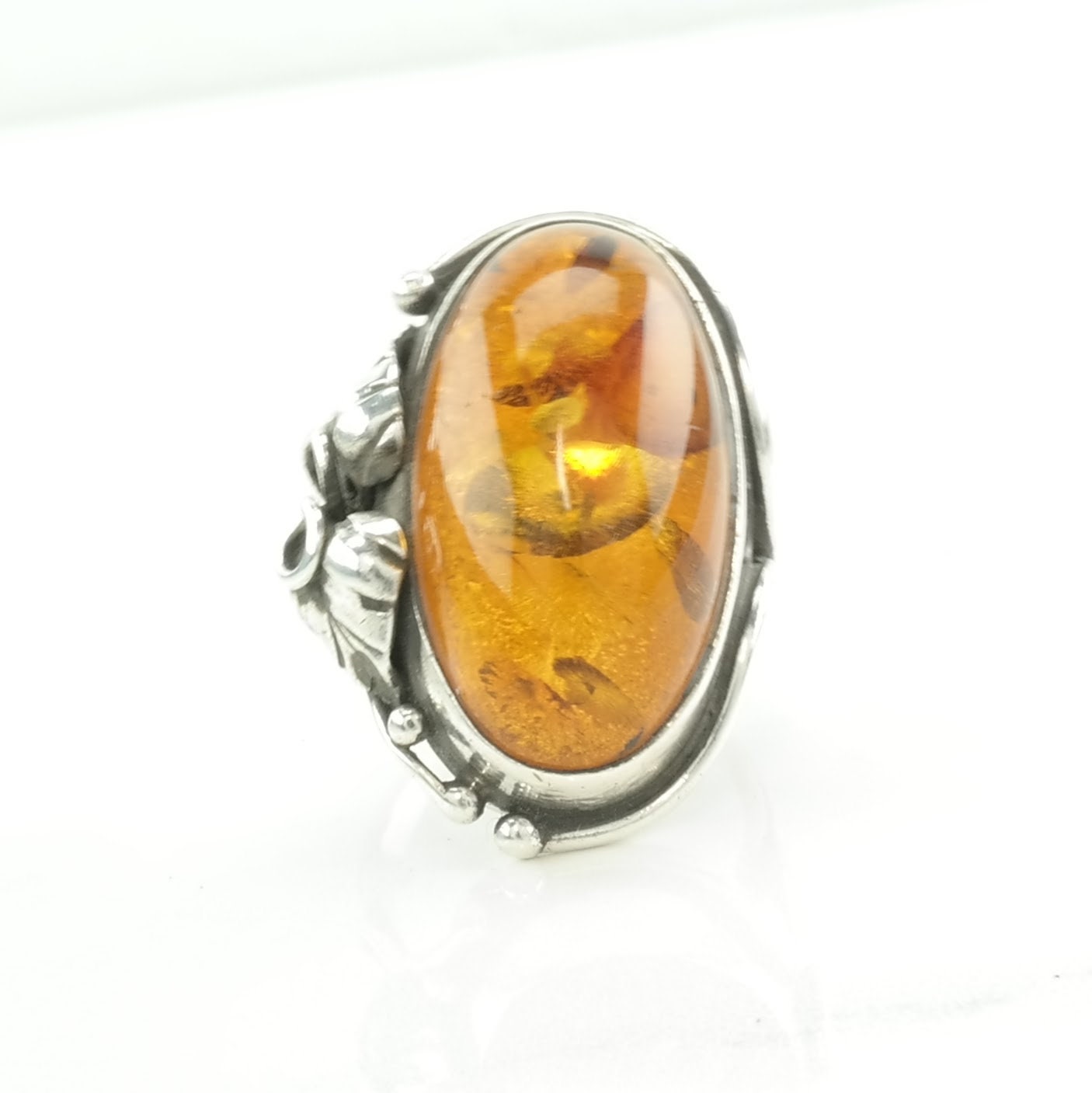 Art Nouveau Style Silver Ring Amber Sterling Orange Sz8 R5227