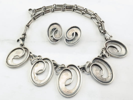 Modernist RWW Sterling Silver Necklace Earrings Jewelry Set