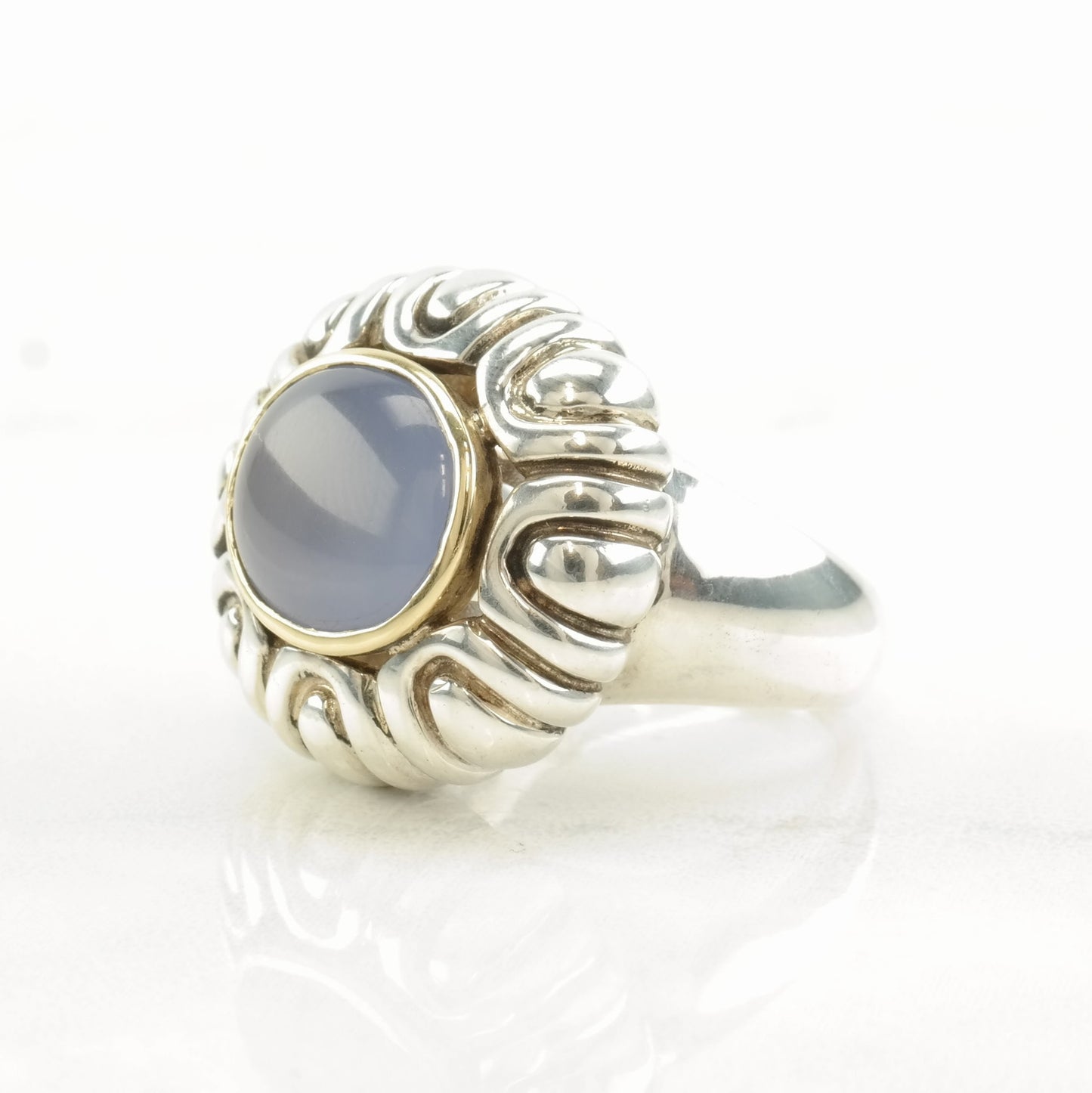 Vintage Samuel B Silver Ring Blue Chalcedony 18K Gold Sterling Size 6