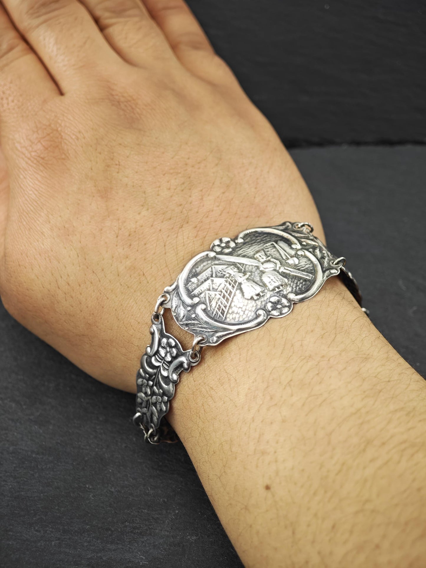 Vintage Repousse Foreign Sterling Silver Bracelet