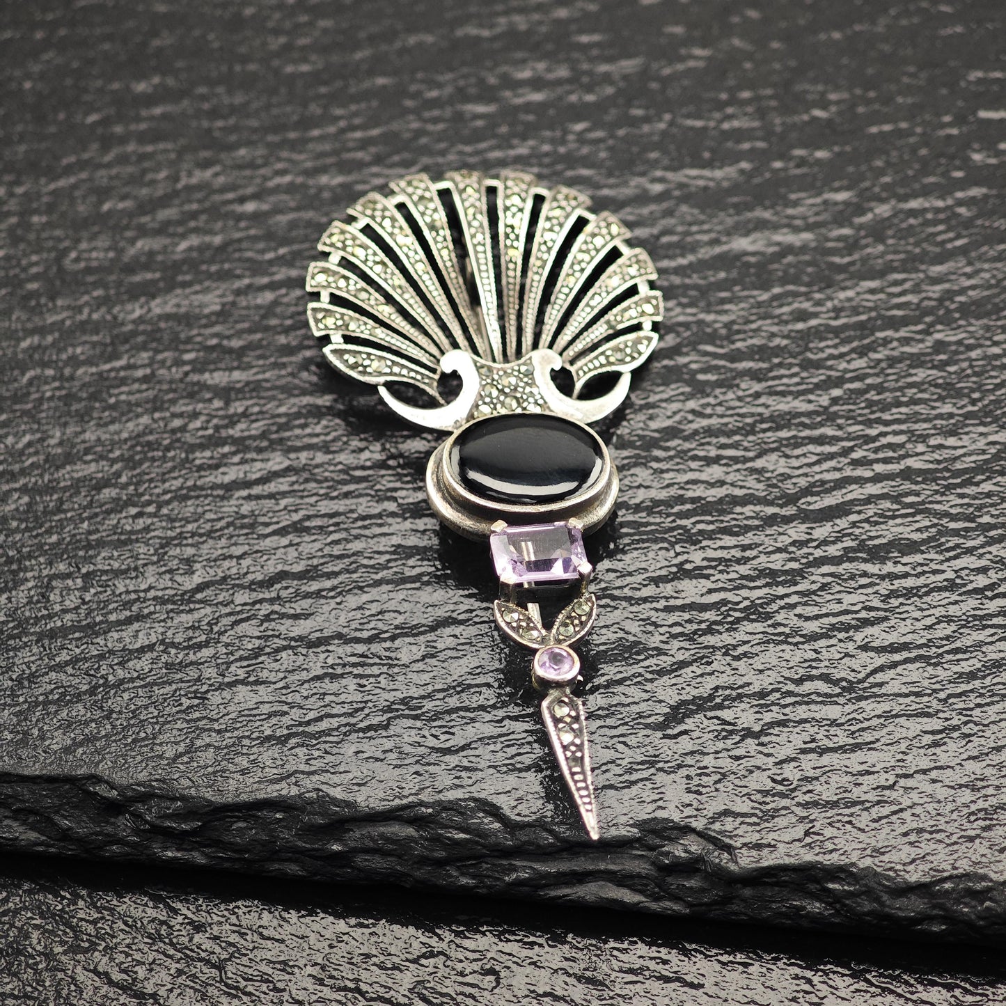 Art Deco Style Onyx, Amethyst, Marcasite Sterling Silver Brooch