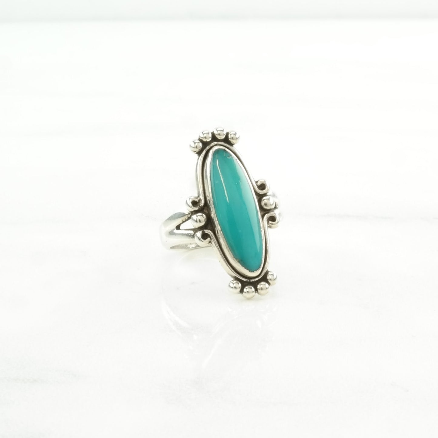 Vintage Fred Harvey Era Silver Ring Turquoise Navette Sterling Blue Size 5