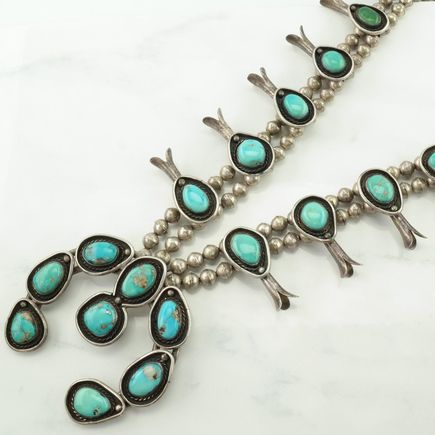 Vintage Native American Sterling Silver Blue Turquoise Squash Blossom Necklace