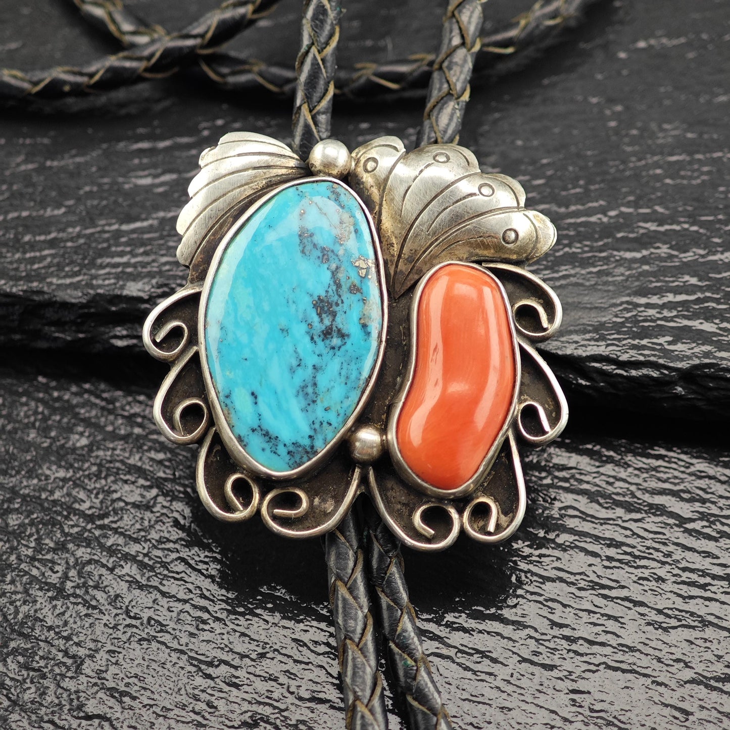 Native American Bolo Tie Necklace with Blue Turquoise, Red Coral Floral Design Sterling Silver