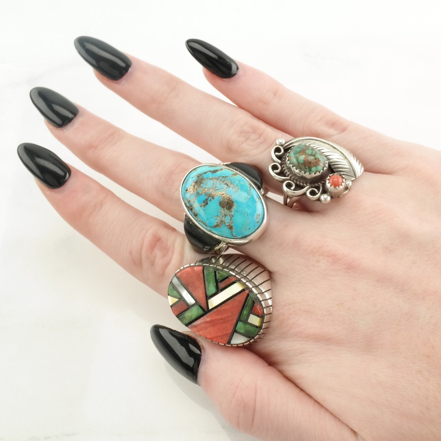 Turquoise Silver Ring, Onyx Sterling Blue, Black Size 7 1/4