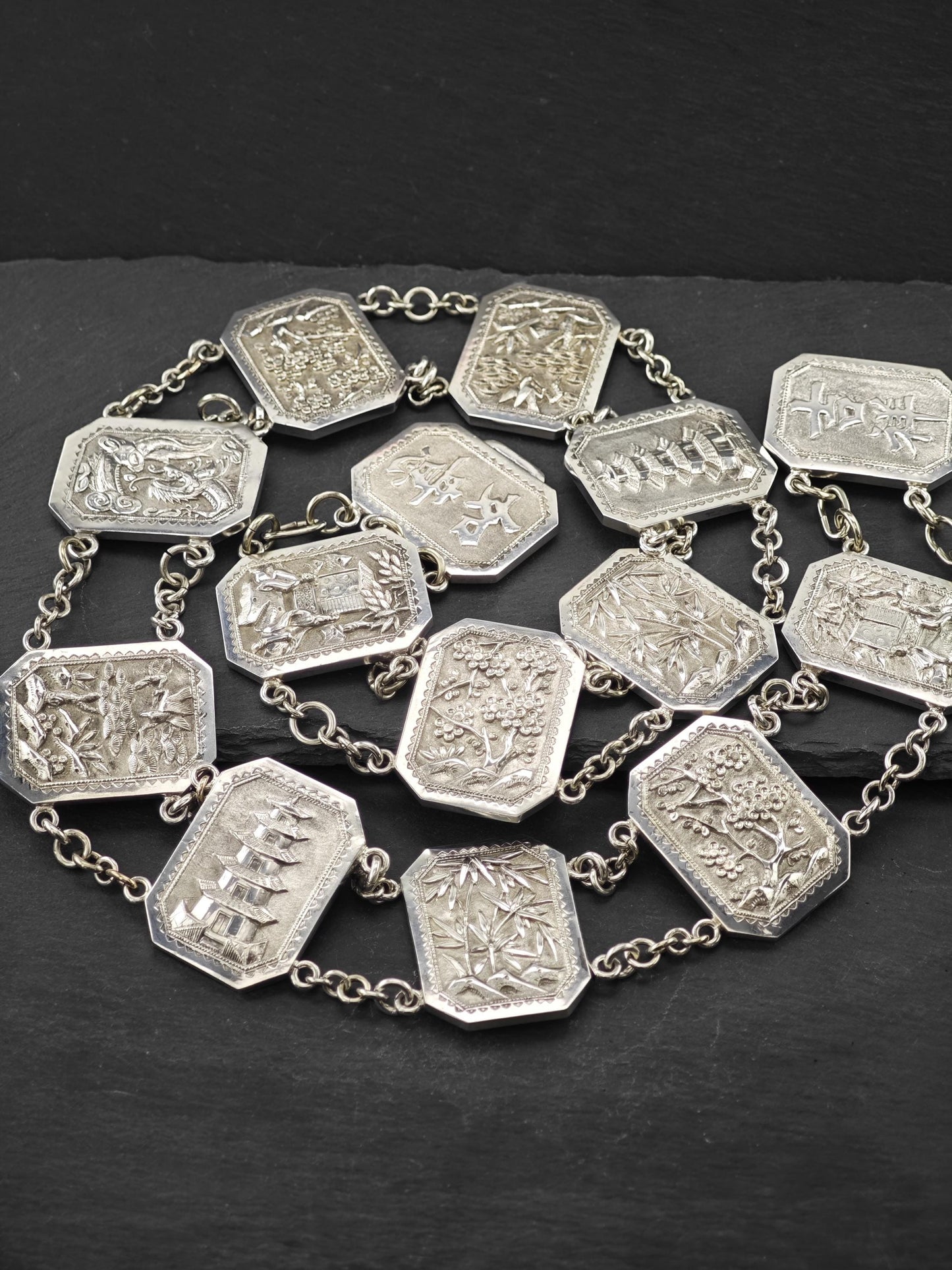 Antique Chinese Export Repousse Sterling Silver Belt Marked Hung Chong