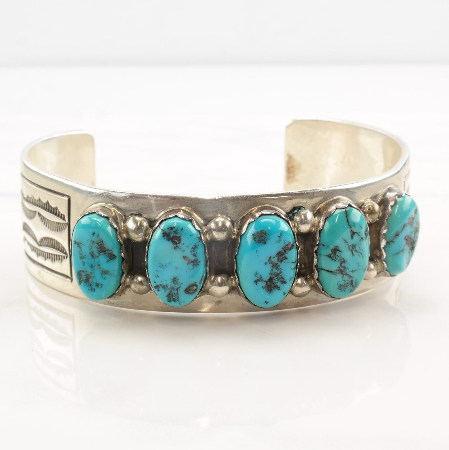 Native American Turquoise Cuff Bracelet Sterling Silver Cluster Row