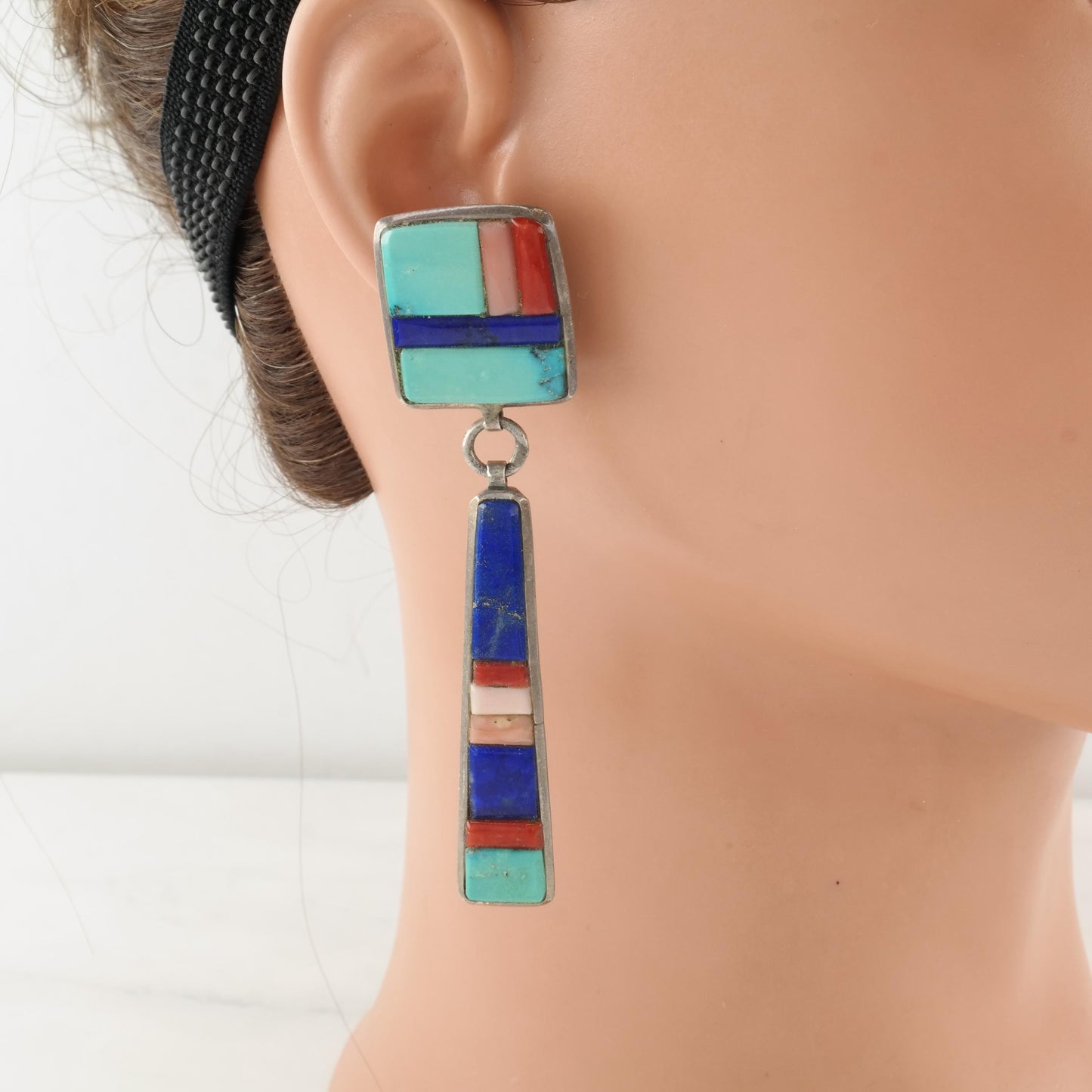 Vintage Signed, Native American Sterling Silver Pierced Dangle Earrings