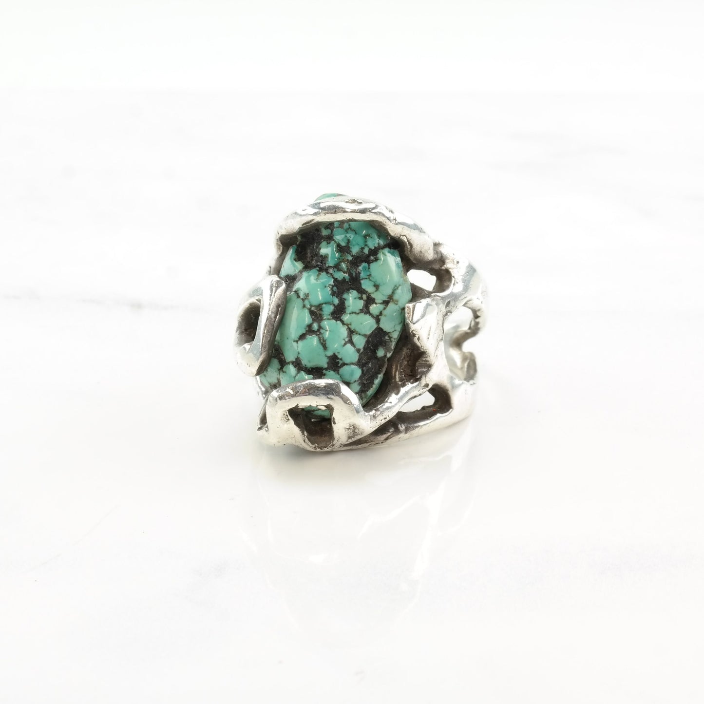 Vintage Brutalist Sterling Silver Ring with Turquoise, Spiderweb Design, Size 10 1/2, Circa 1980s