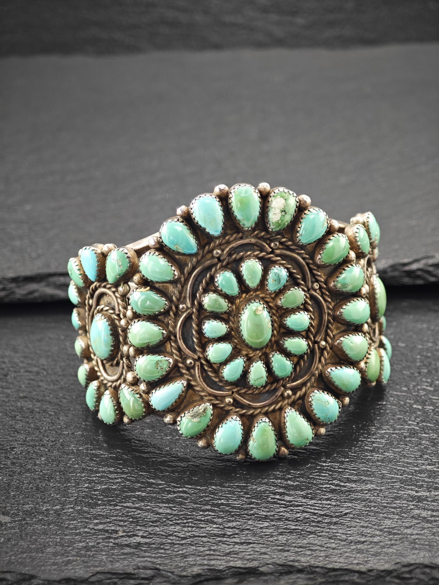 Native American Turquoise Cluster Cuff Bracelet Sterling Silver