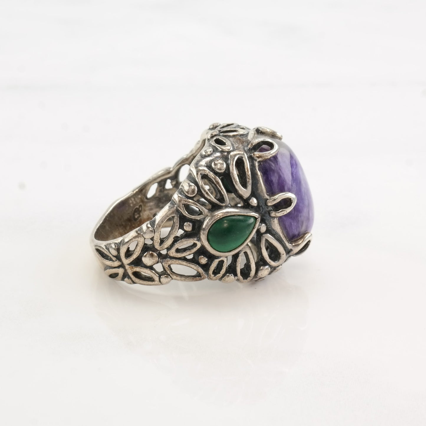 Vintage Carolyn Pollack Silver Ring Malachite Charoite Teardrop Sterling Size 8 1/2