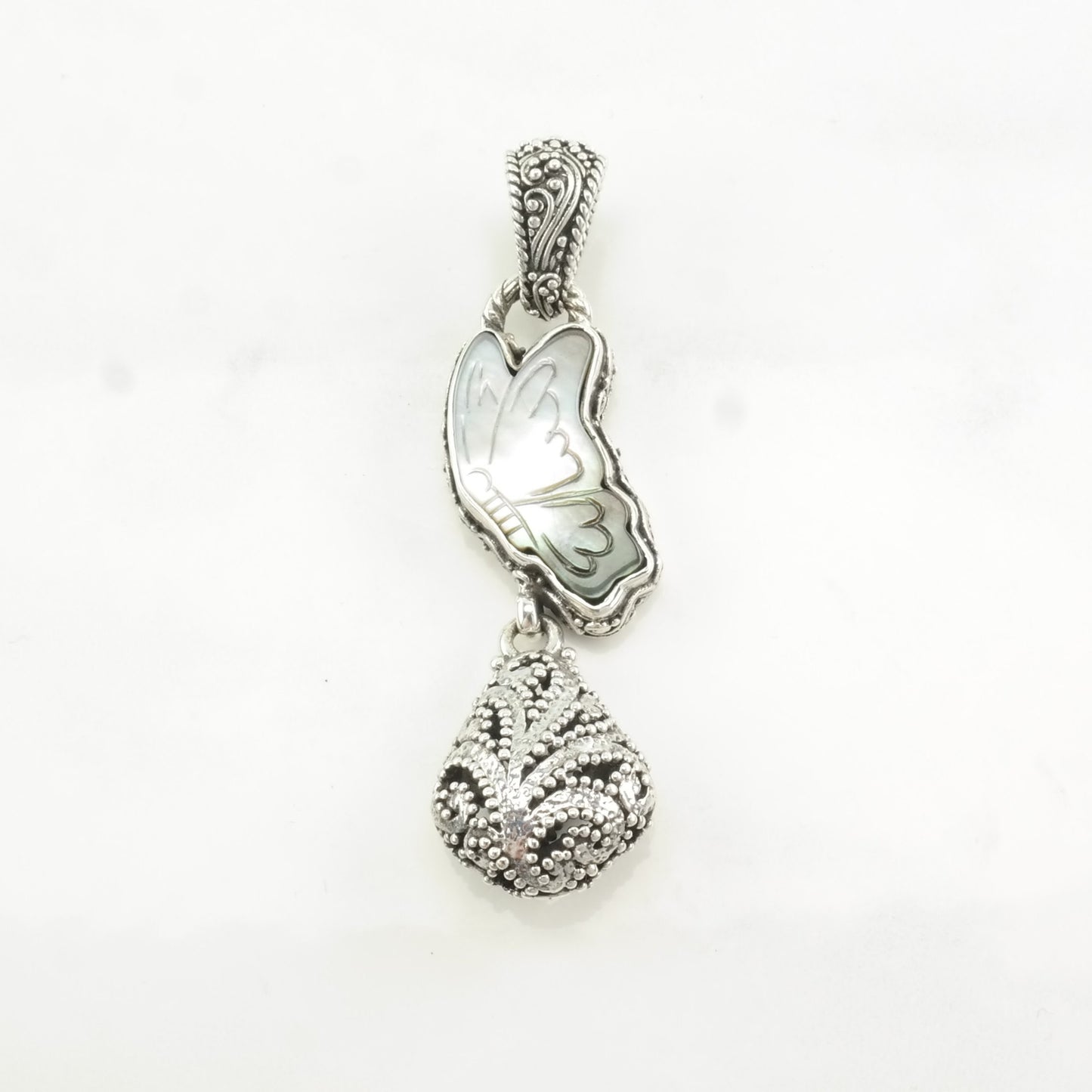 Vintage MOP Butterfly, Scroll Sterling Silver Pendant