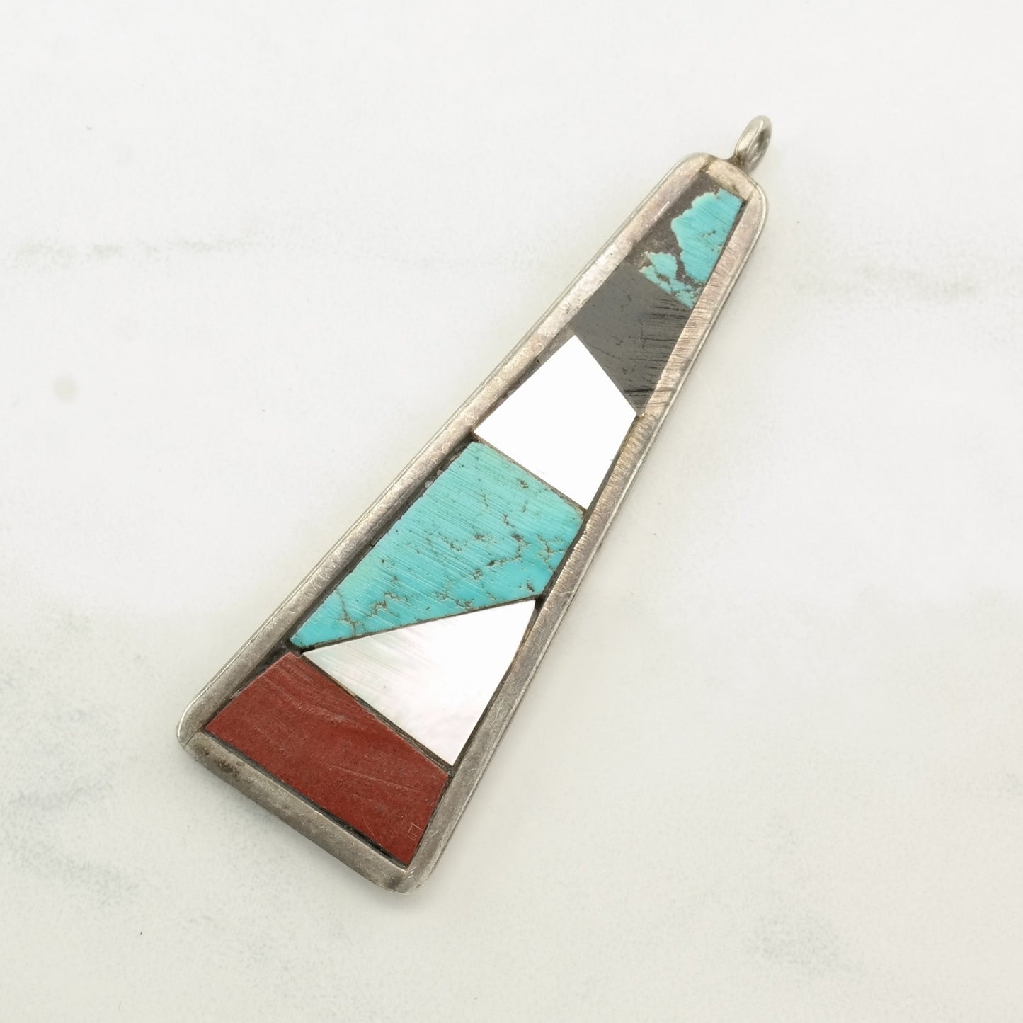 Vintage Native American MOP, Jet, Turquoise, Coral Inlay Sterling Silver Pendant