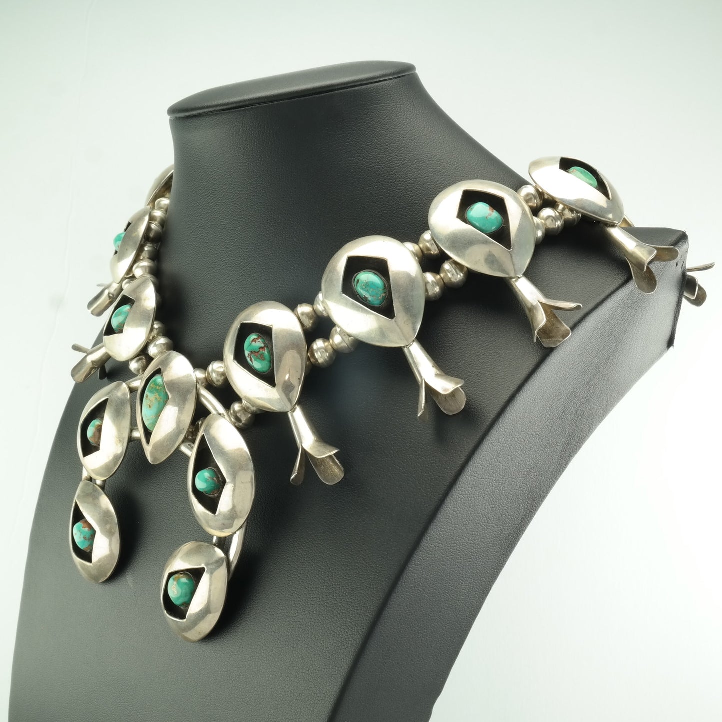 Vintage Native American Sterling Silver Royston Turquoise Shadowbox Squash Blossom Necklace