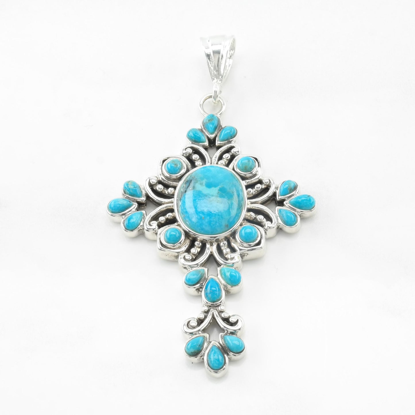 Vintage BBJ Reconstituted Turquoise Cross Sterling Silver Pendant