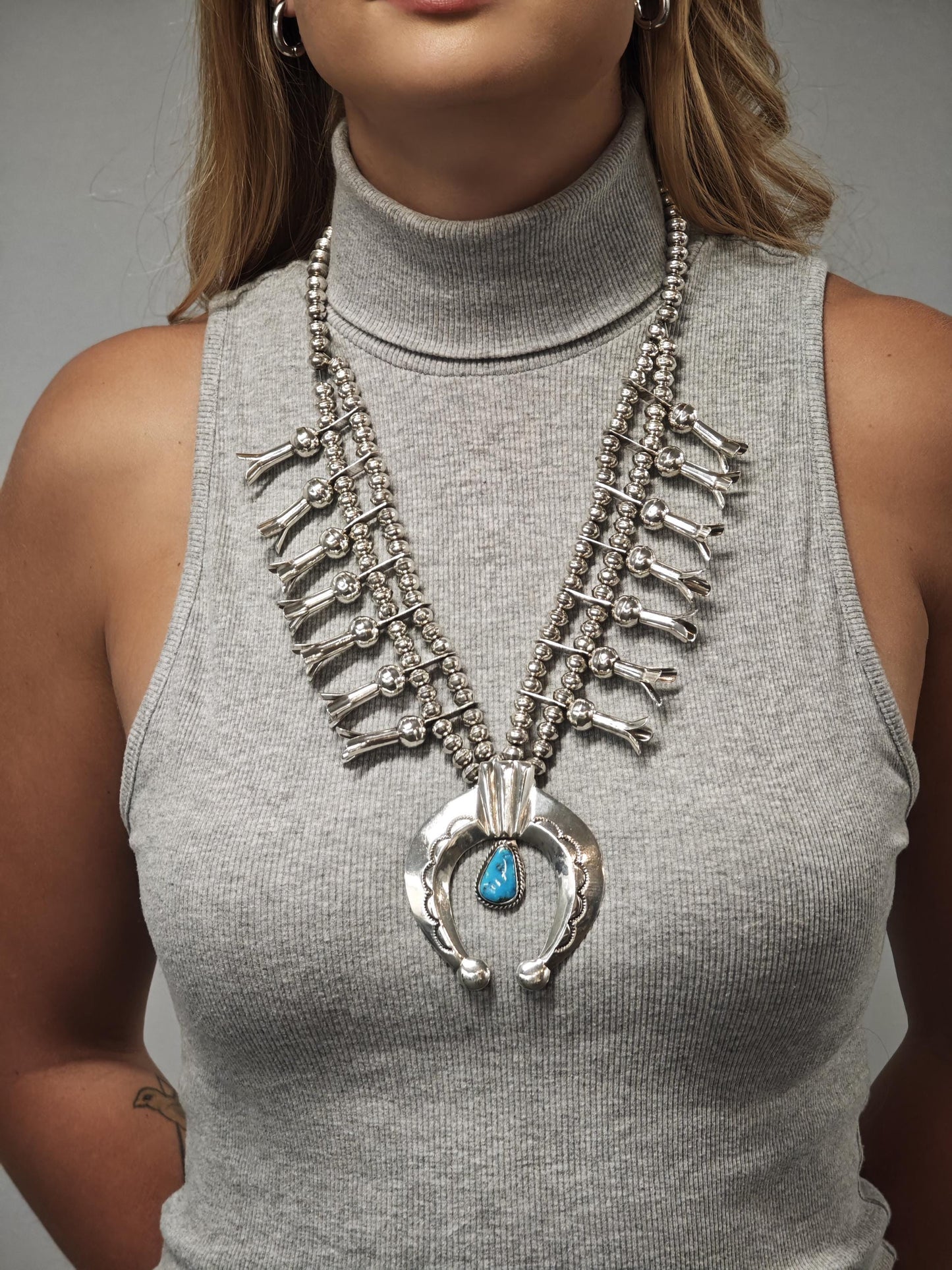 Vintage Native American Sterling Silver Turquoise Squash Blossom Necklace