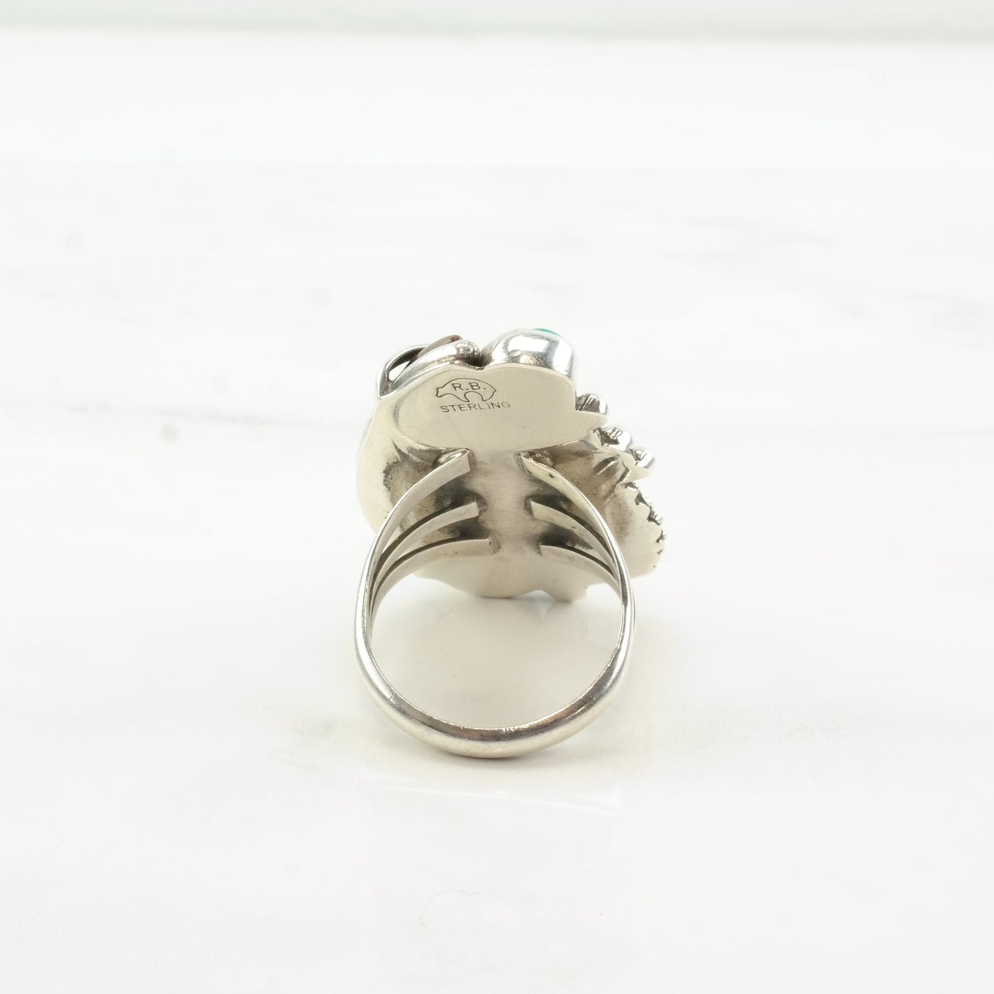 Vintage Native American Silver Ring Turquoise Tiger Eye Leaf Swirl Sterling Size 8 3/4