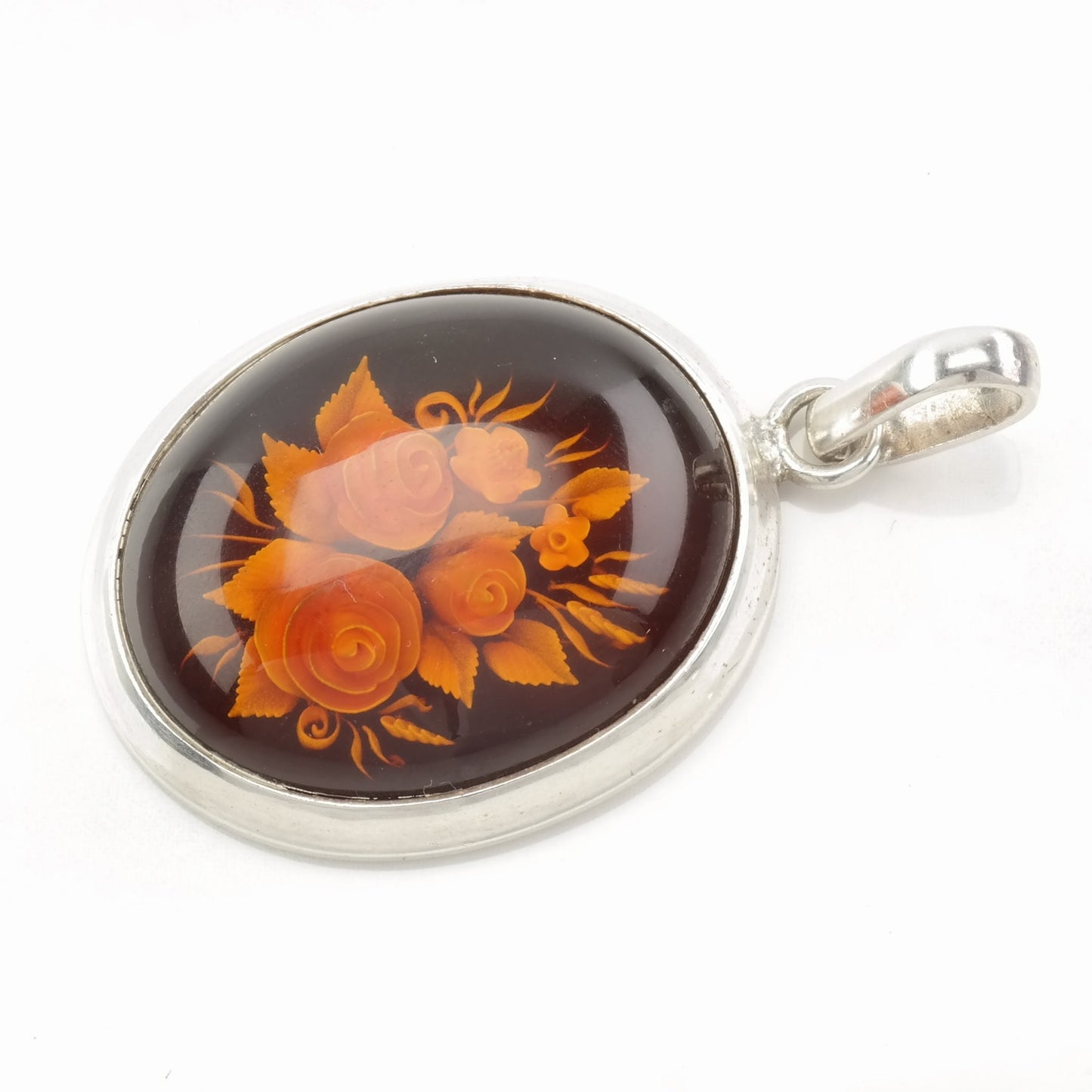 Vintage European Amber, Carved Flower, Intaglio Sterling Silver Pendant