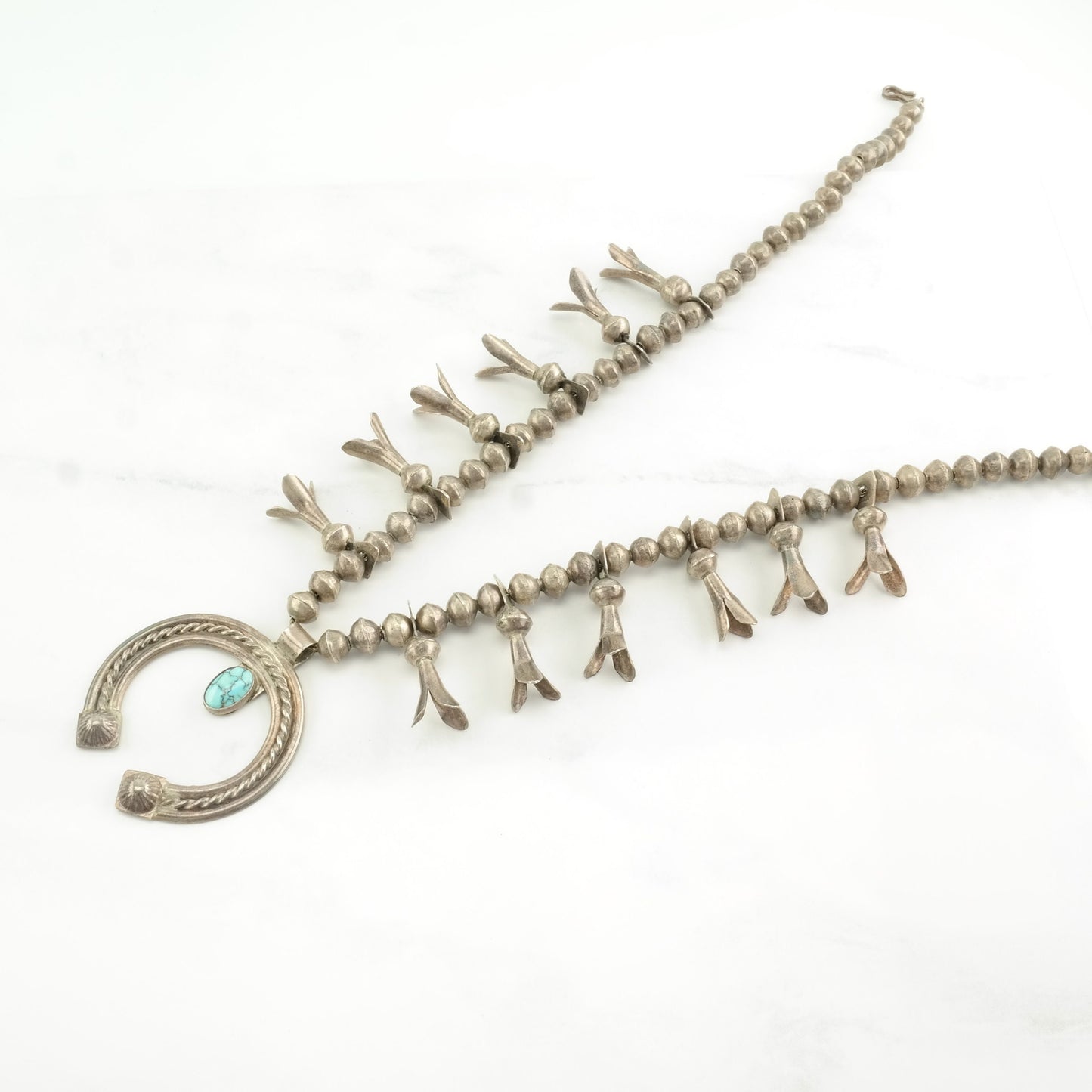 Vintage Native American Sterling Silver Blue Number 8, Squash Blossom Turquoise Necklace