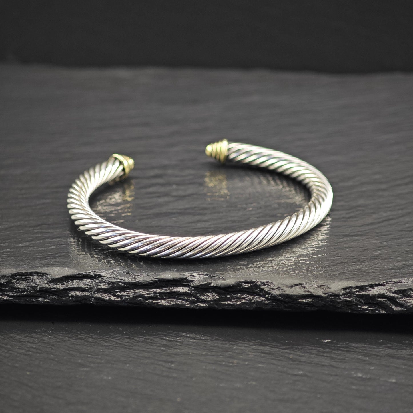 David Yurman 5mm 14K Gold Accent Cable Cuff Bracelet Sterling SIlver