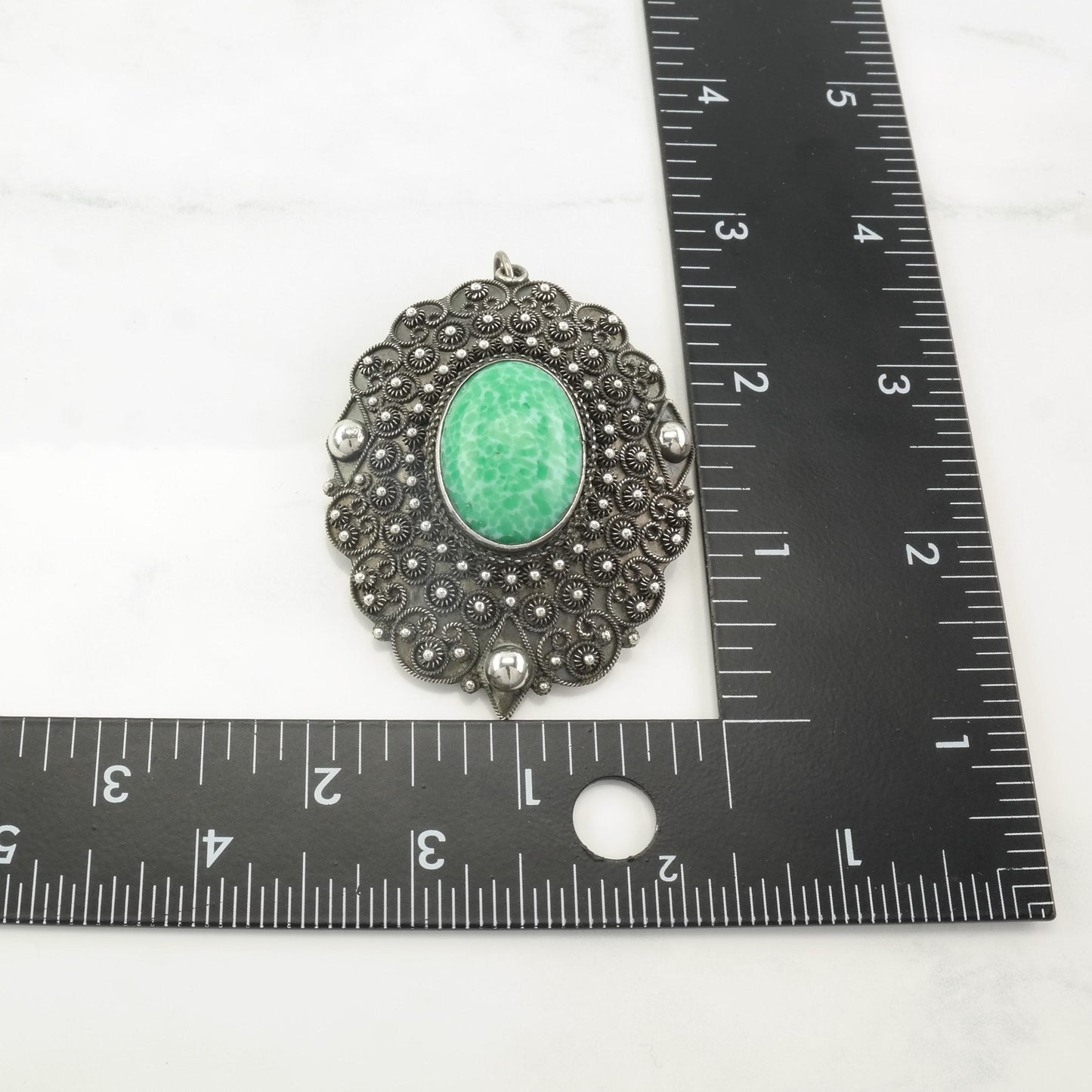 Green Peking Glass Brooch Pendant Filigree Sterling Silver B1545