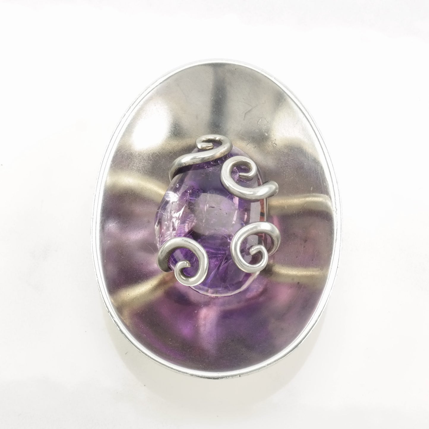 Vintage Taxco Sterling Silver and Amethyst Pendant, Mexican Modernist Jewelry, Statement Pendant